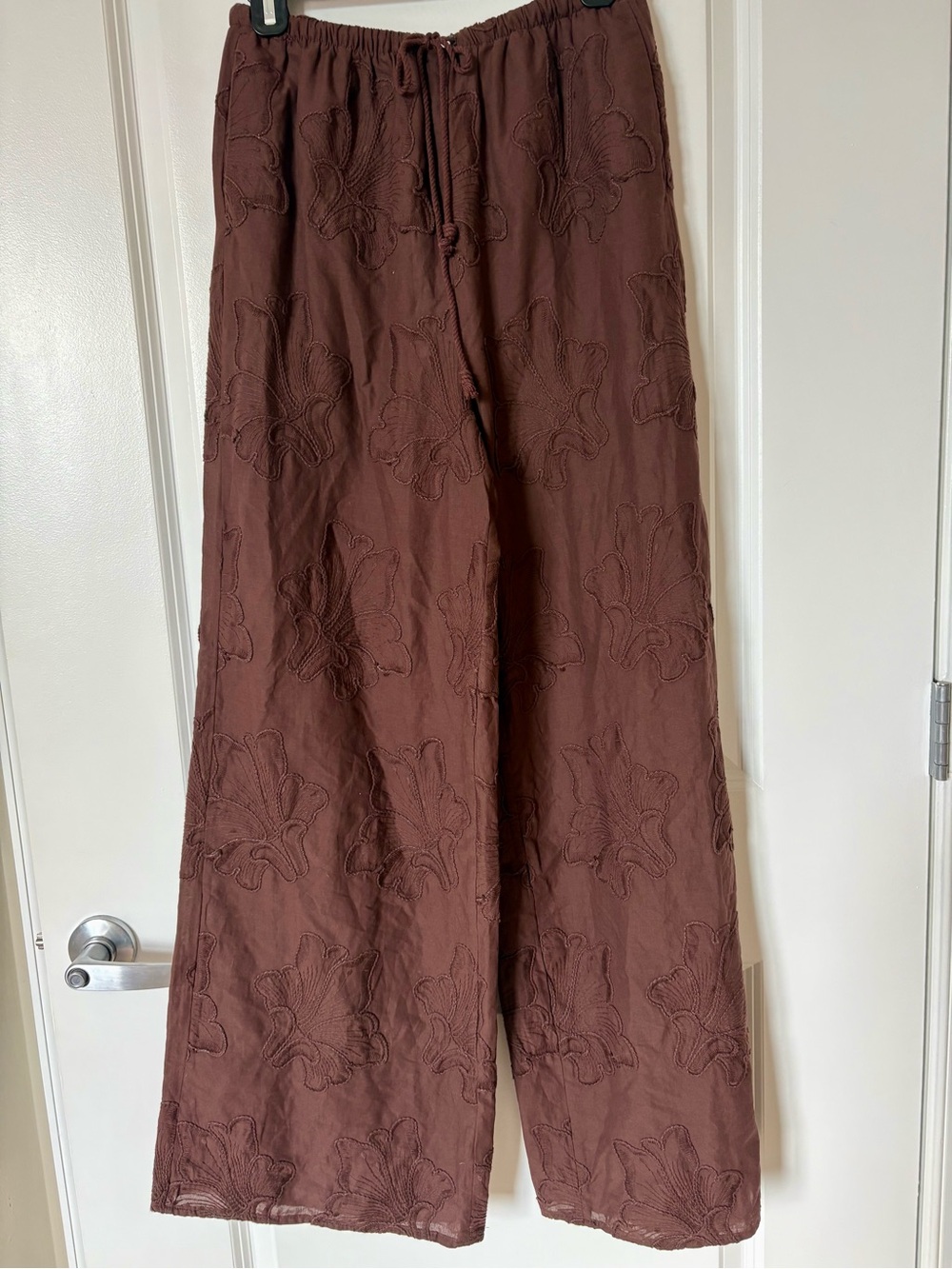 Brown Embroidered Wide-Leg Pants